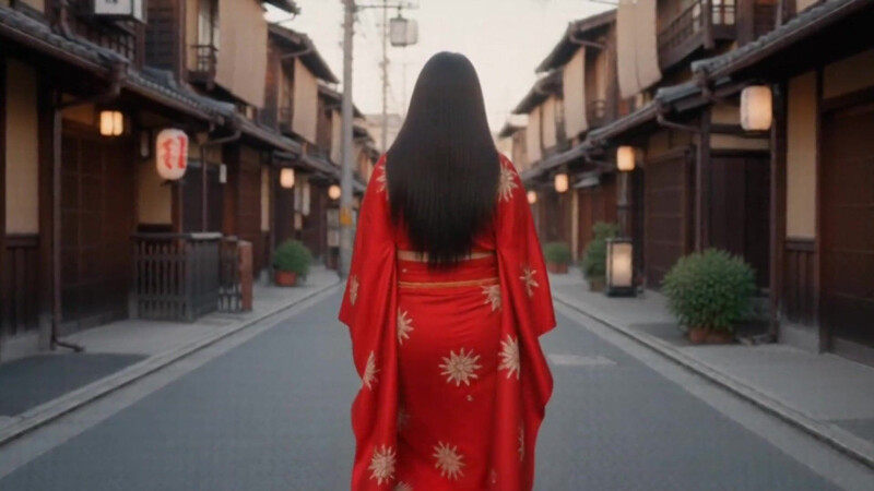 Asian stepdaughter in kimono receives an unexpected visit from her ancient stepfather (AI generated video)