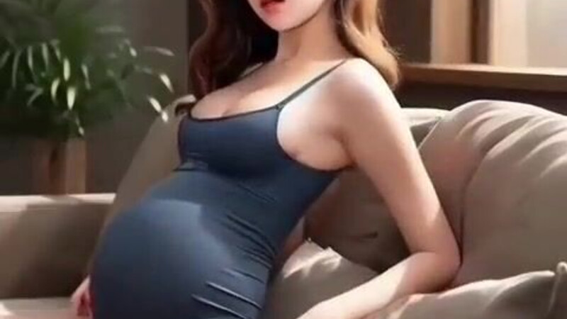 AI-generated young girl, nine months pregnant, masturbates and gets fucked on the sofa.