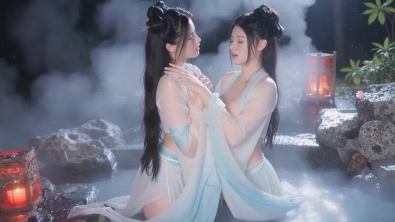 [AI-generated] Two sisters live in a secluded fairyland, kissing each other in a hot spring and caressing each other in their boudoir.
