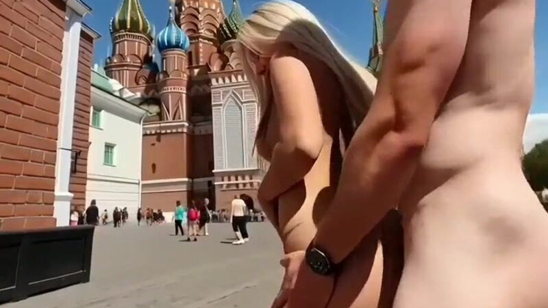 Pretty blonde girl walks naked through Moscow and gets fucked, AI-generated