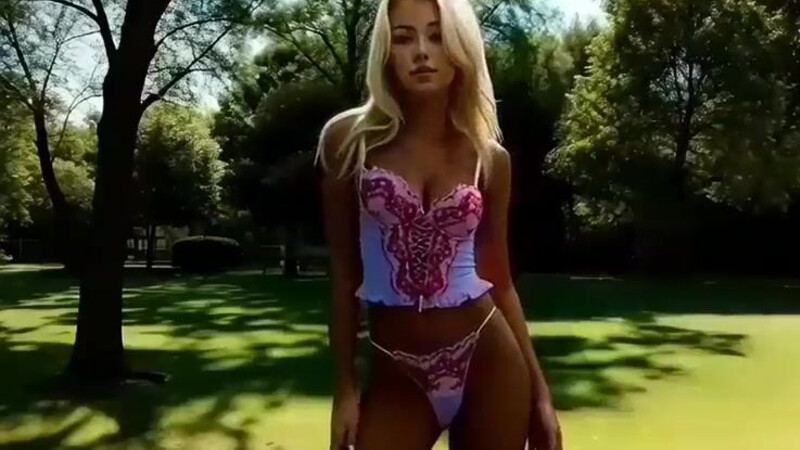 Blond girl walks naked in the park, fucks and masturbates, AI-generated