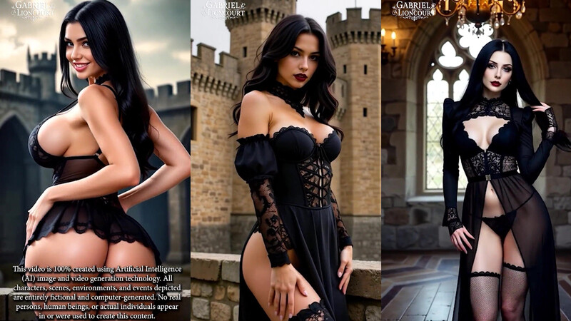 Goth girl showing off her big Tits and big ass in a castle - AI Generated